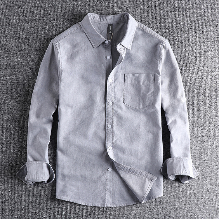 GrogeousBen  Men's High-grade pure cotton washed Oxford fabric basic simple pocket long-sleeved shirt.