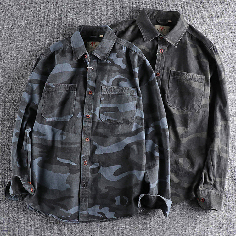 GrogeousBen  Men's Spring and Autumn pure cotton water-washed old-fashioned top retro foreign trade loose double-pocket workwear camouflage shirt.