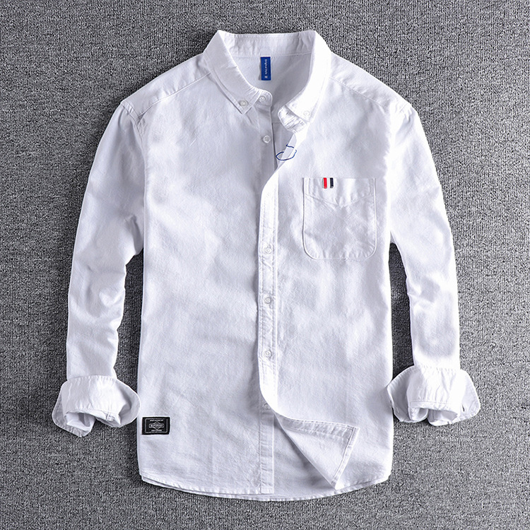 GrogeousBen  Men's  Oxford Long Sleeve Shirt, Pure White Simple and Versatile with Pocket