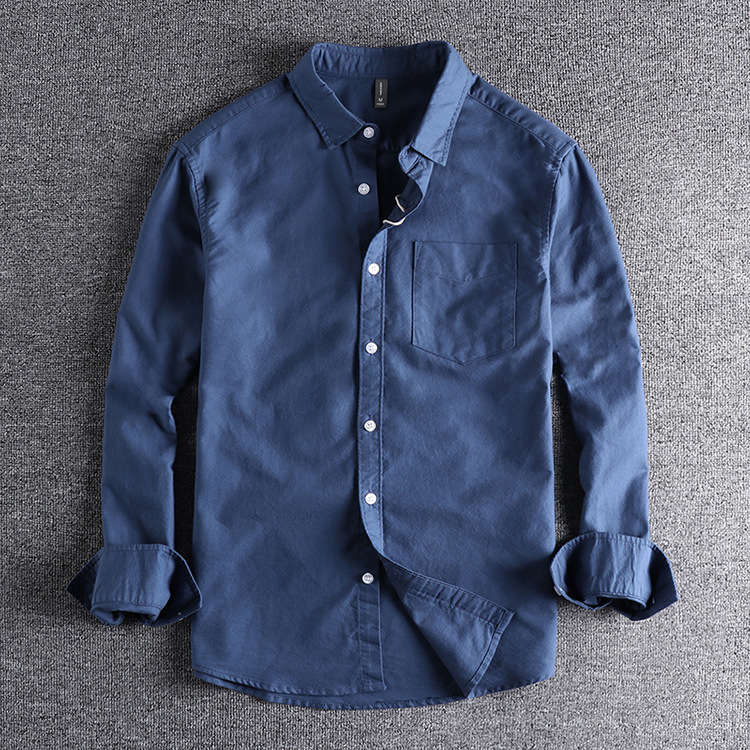 GrogeousBen  Men's High-grade pure cotton washed Oxford fabric basic simple pocket long-sleeved shirt.