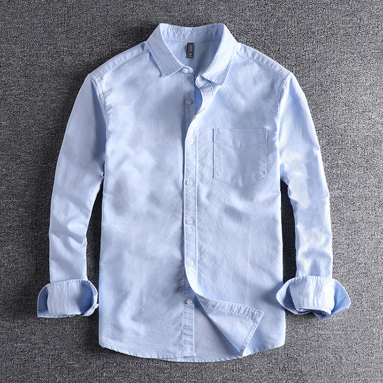 GrogeousBen  Men's High-grade pure cotton washed Oxford fabric basic simple pocket long-sleeved shirt.