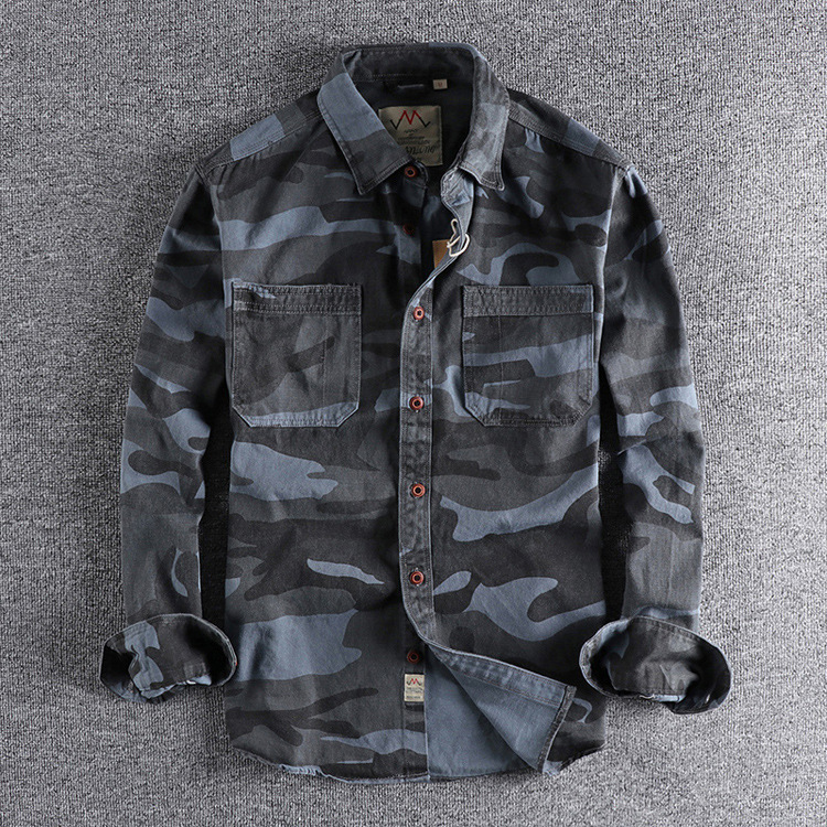 GrogeousBen  Men's Spring and Autumn pure cotton water-washed old-fashioned top retro foreign trade loose double-pocket workwear camouflage shirt.