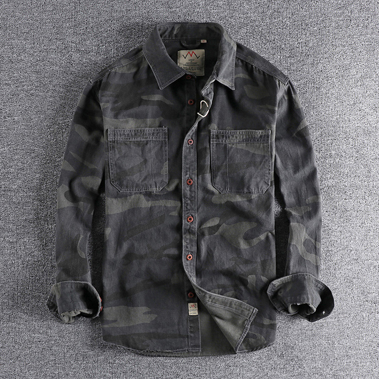 GrogeousBen  Men's Spring and Autumn pure cotton water-washed old-fashioned top retro foreign trade loose double-pocket workwear camouflage shirt.