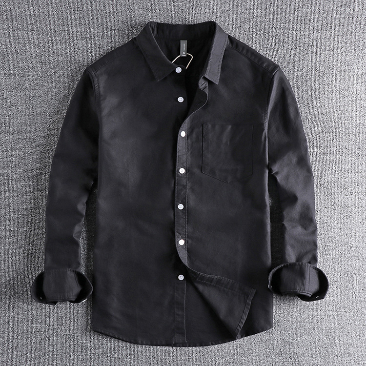 GrogeousBen  Men's High-grade pure cotton washed Oxford fabric basic simple pocket long-sleeved shirt.