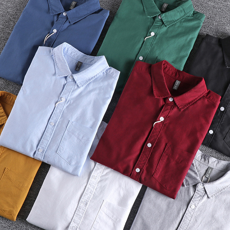 GrogeousBen  Men's High-grade pure cotton washed Oxford fabric basic simple pocket long-sleeved shirt.