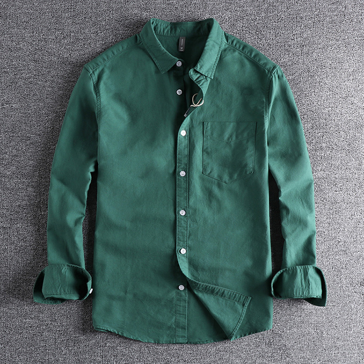 GrogeousBen  Men's High-grade pure cotton washed Oxford fabric basic simple pocket long-sleeved shirt.