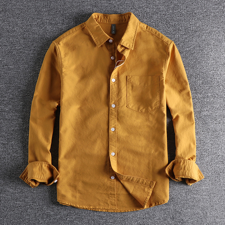 GrogeousBen  Men's High-grade pure cotton washed Oxford fabric basic simple pocket long-sleeved shirt.