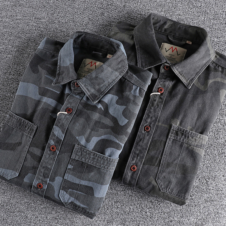 GrogeousBen  Men's Spring and Autumn pure cotton water-washed old-fashioned top retro foreign trade loose double-pocket workwear camouflage shirt.