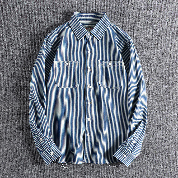 GrogeousBen  Men's American retro  shirt  cotton double pocket blue and white vertical striped work shirt.
