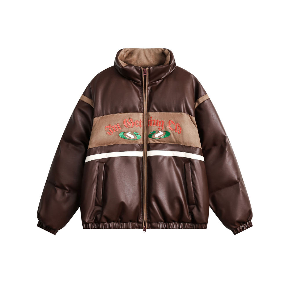 GrogeousBen  Women's Vintage spliced PU leather cotton coat thickened winter jacket for women.