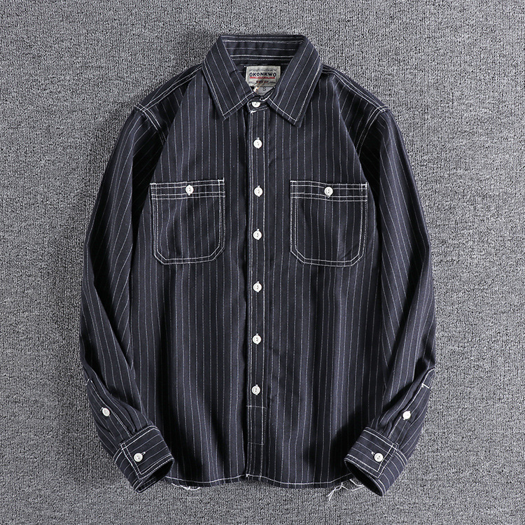 GrogeousBen  Men's American retro  shirt  cotton double pocket blue and white vertical striped work shirt.