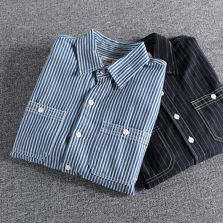 GrogeousBen  Men's American retro  shirt  cotton double pocket blue and white vertical striped work shirt.