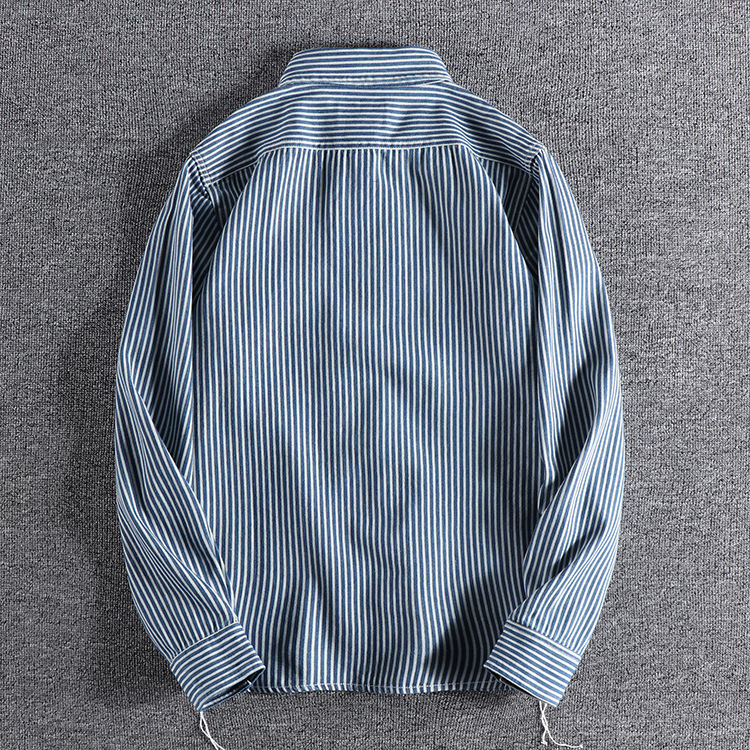 GrogeousBen  Men's American retro  shirt  cotton double pocket blue and white vertical striped work shirt.