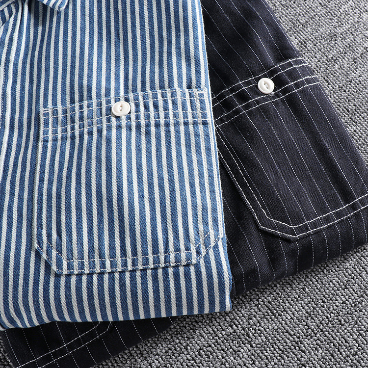 GrogeousBen  Men's American retro  shirt  cotton double pocket blue and white vertical striped work shirt.