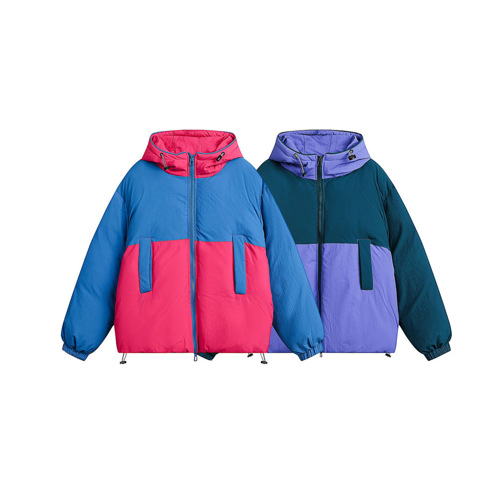 GrogeousBen  Unisex Mountain outdoor autumn and winter color-blocked warm cotton coat retro sports loose hooded cotton jacket.
