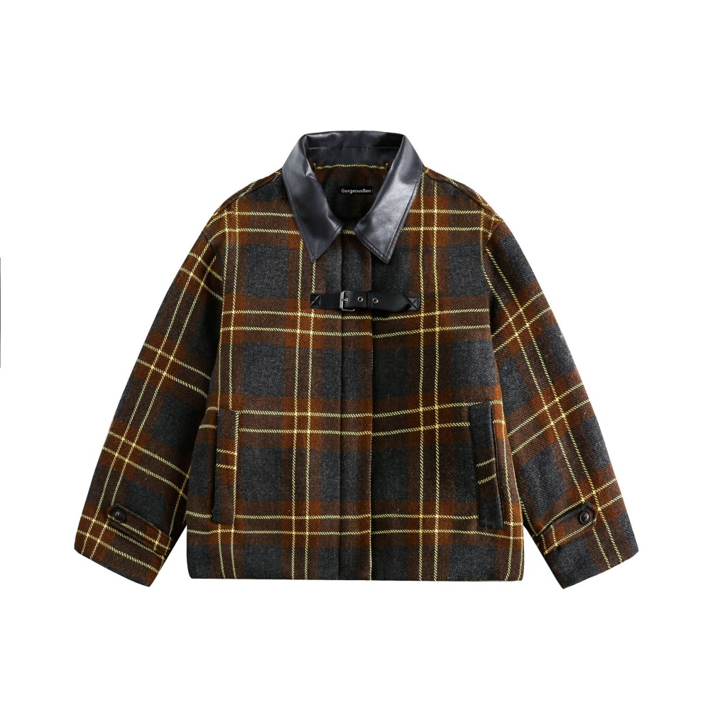 GrogeousBen  Unisex American retro leather collar spliced plaid shirt autumn and winter thickened with cotton padded warm cotton coat.
