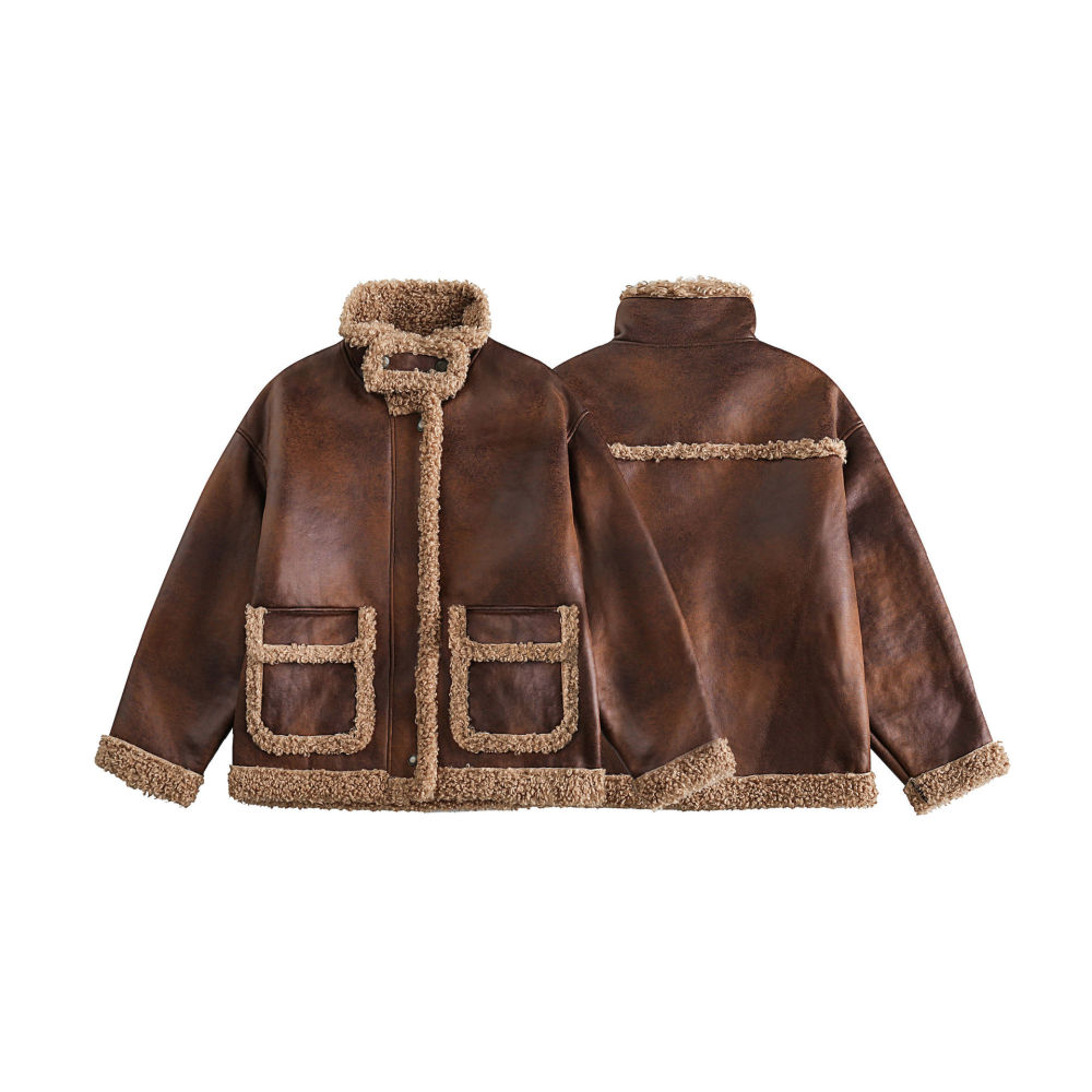 GrogeousBen  Unisex Winter lamb wool motorcycle leather jacket short coat new thickened plus velvet loose short leather and fur integrated