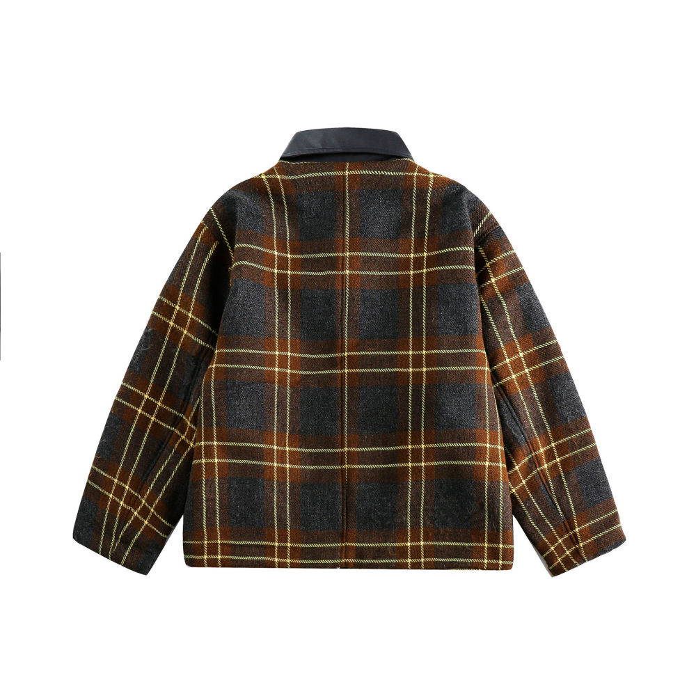 GrogeousBen  Unisex American retro leather collar spliced plaid shirt autumn and winter thickened with cotton padded warm cotton coat.