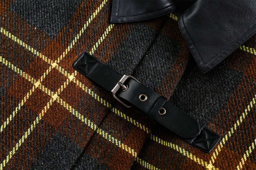 GrogeousBen  Unisex American retro leather collar spliced plaid shirt autumn and winter thickened with cotton padded warm cotton coat.