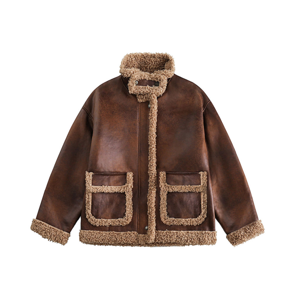 GrogeousBen  Unisex Winter lamb wool motorcycle leather jacket short coat new thickened plus velvet loose short leather and fur integrated