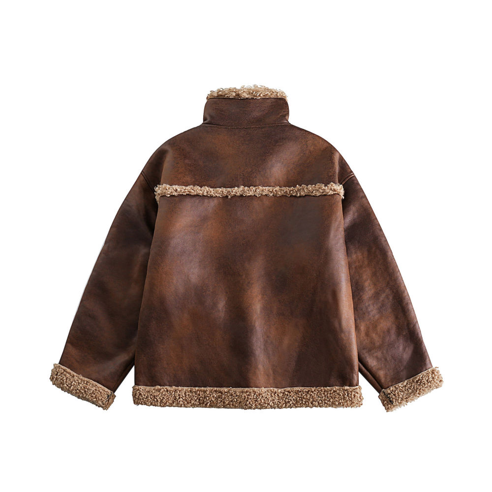 GrogeousBen  Unisex Winter lamb wool motorcycle leather jacket short coat new thickened plus velvet loose short leather and fur integrated