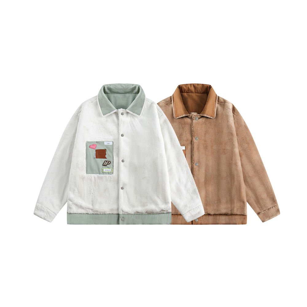 GrogeousBen  Unisex Winter American retro style sticker pocket double-sided cotton jacket.