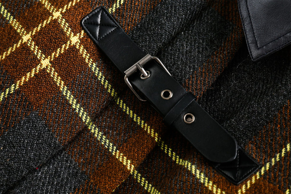 GrogeousBen  Unisex American retro leather collar spliced plaid shirt autumn and winter thickened with cotton padded warm cotton coat.