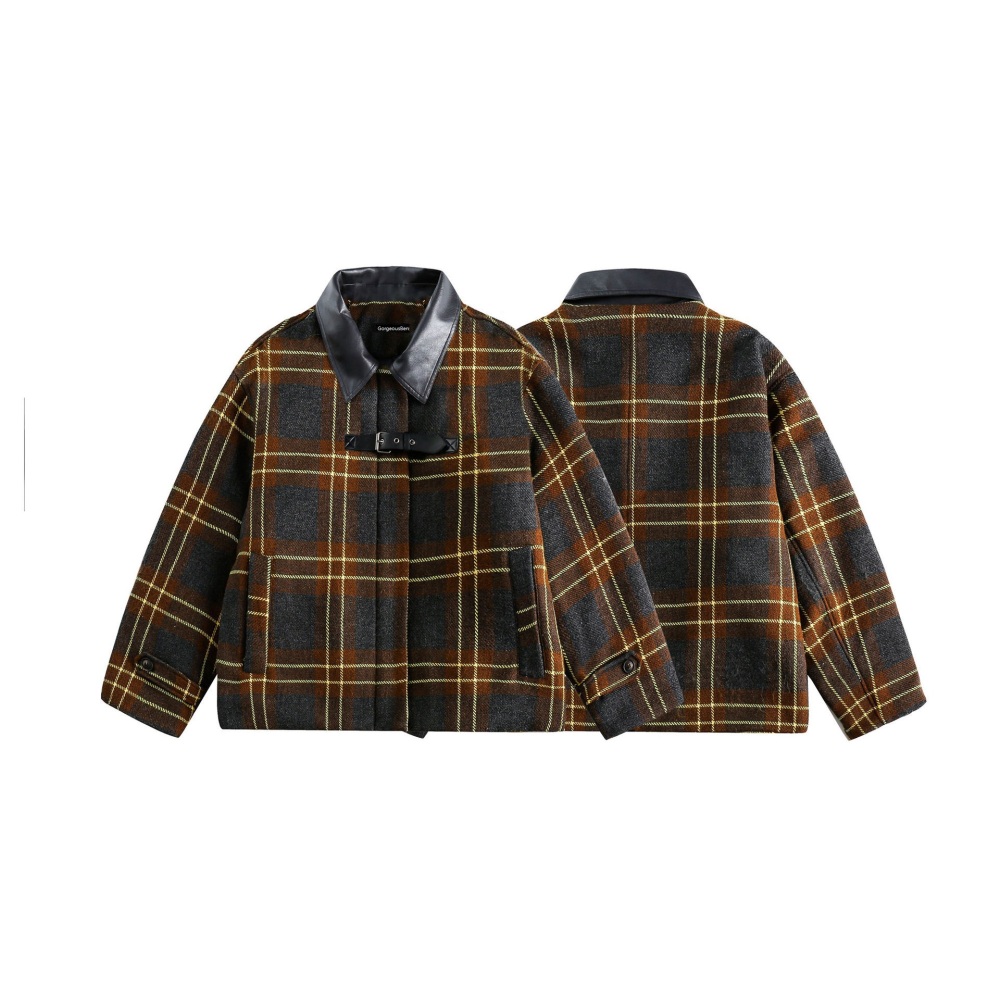GrogeousBen  Unisex American retro leather collar spliced plaid shirt autumn and winter thickened with cotton padded warm cotton coat.