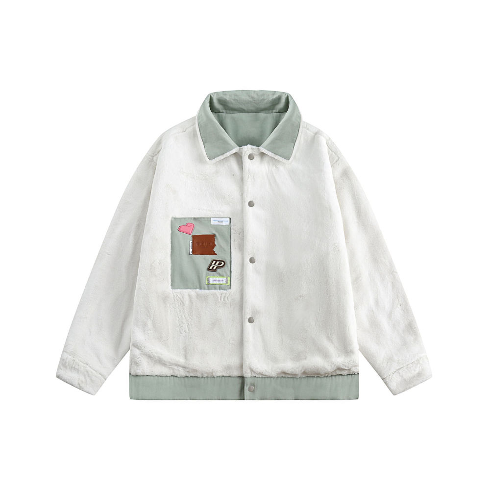 GrogeousBen  Unisex Winter American retro style sticker pocket double-sided cotton jacket.