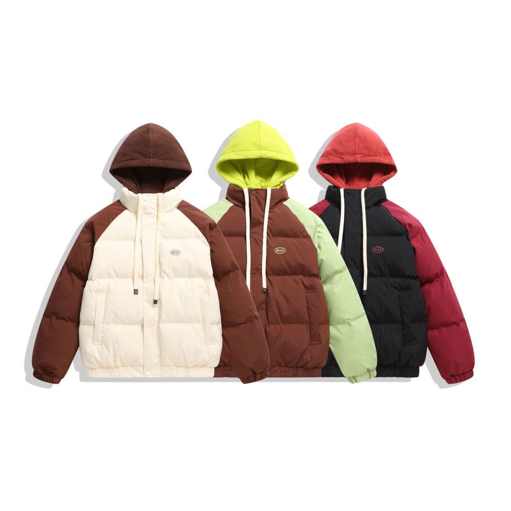 GrogeousBen  Unisex Retro color collision fake two-piece  winter bread clothing loose cotton coat thick hooded jacket.