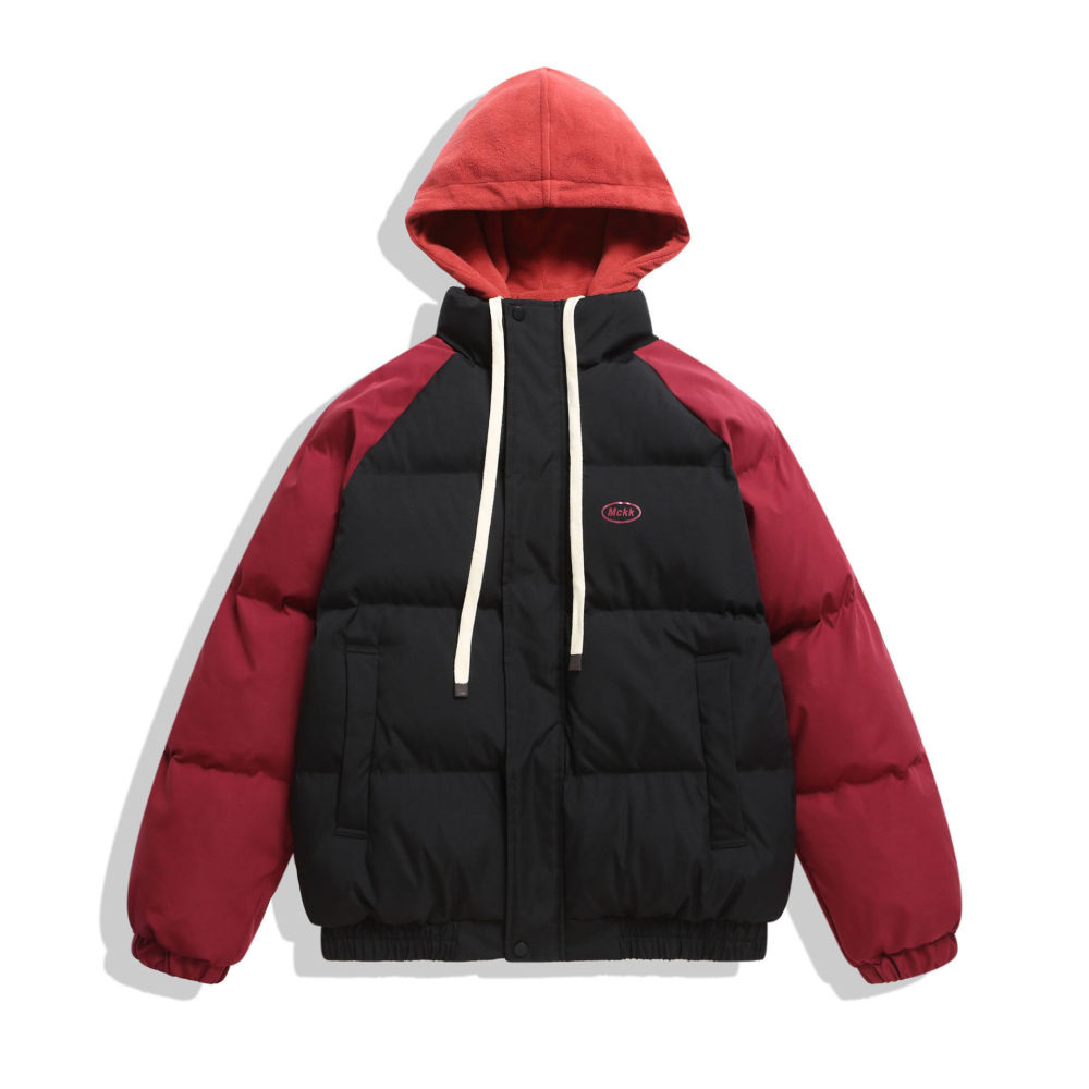 GrogeousBen  Unisex Retro color collision fake two-piece  winter bread clothing loose cotton coat thick hooded jacket.