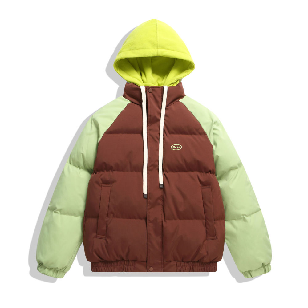GrogeousBen  Unisex Retro color collision fake two-piece  winter bread clothing loose cotton coat thick hooded jacket.