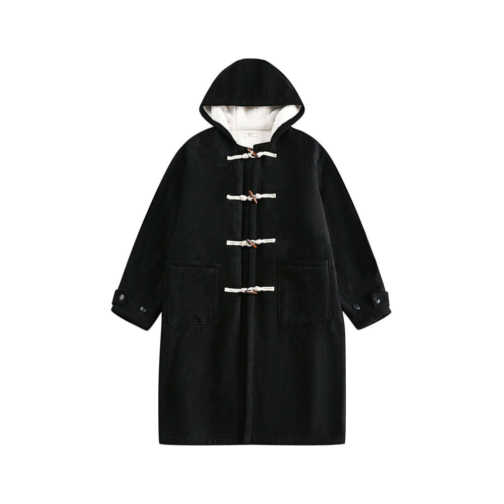 GrogeousBen  Unisex  Retro plus velvet cow horn buckle woolen coat medium long hooded woolen windbreaker coat.