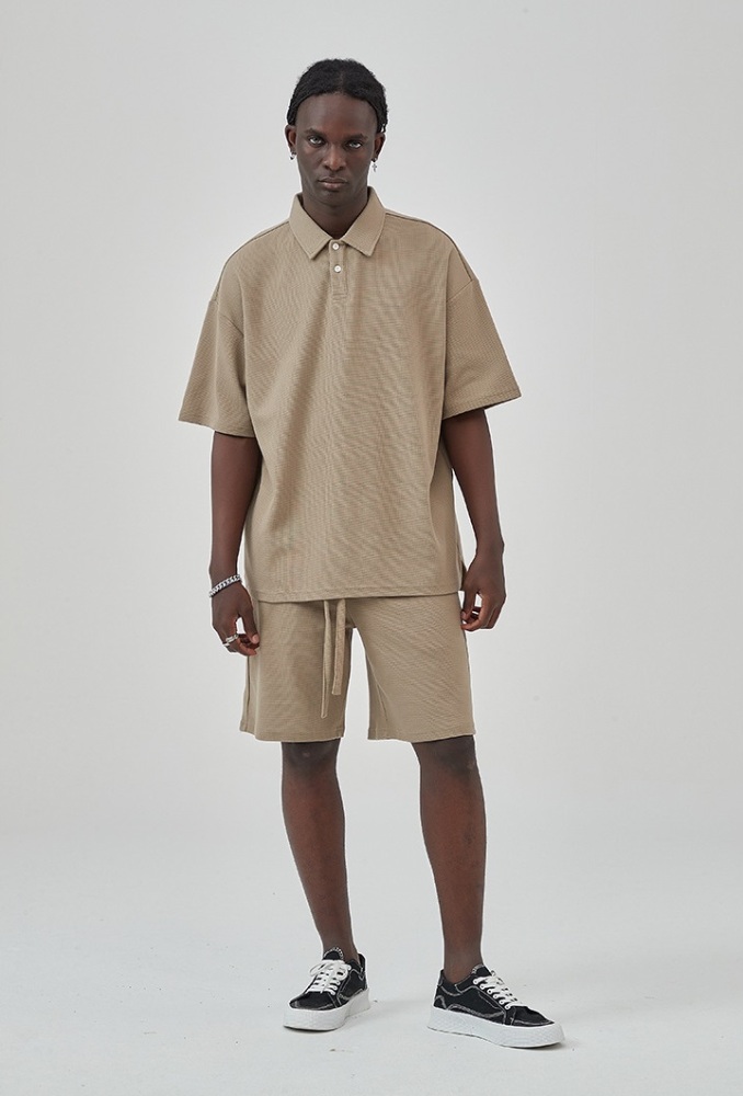 GrogeousBen  Unisex Breathable diamond pattern waffle grid shorts set. Loose casual top with wide-leg shorts.