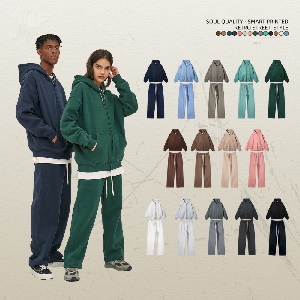 GrogeousBen  Unisex Autumn and winter new thickened 350g American style brand zipper with added fleece sweatshirt and pants set