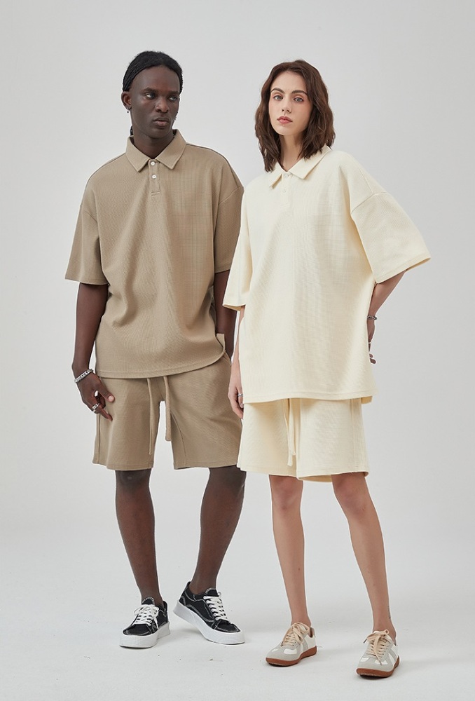 GrogeousBen  Unisex Breathable diamond pattern waffle grid shorts set. Loose casual top with wide-leg shorts.