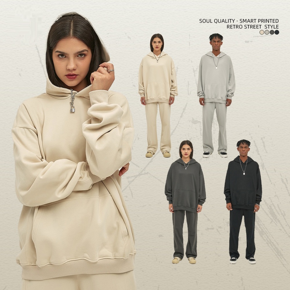 GrogeousBen  Unisex Autumn and winter new 350g looped thin spliced hooded men's sweatshirt oversize loose sports suit