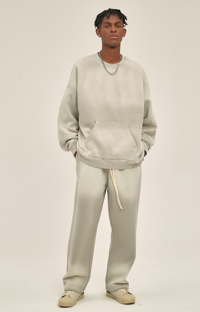 GrogeousBen  Unisex 2023 autumn and winter new 360g spray-dyed distressed round neck washed water  Men's sweatshirt and pants set