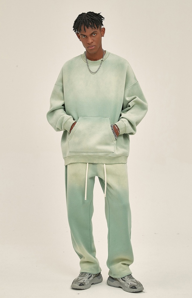 GrogeousBen  Unisex 2023 autumn and winter new 360g spray-dyed distressed round neck washed water  Men's sweatshirt and pants set