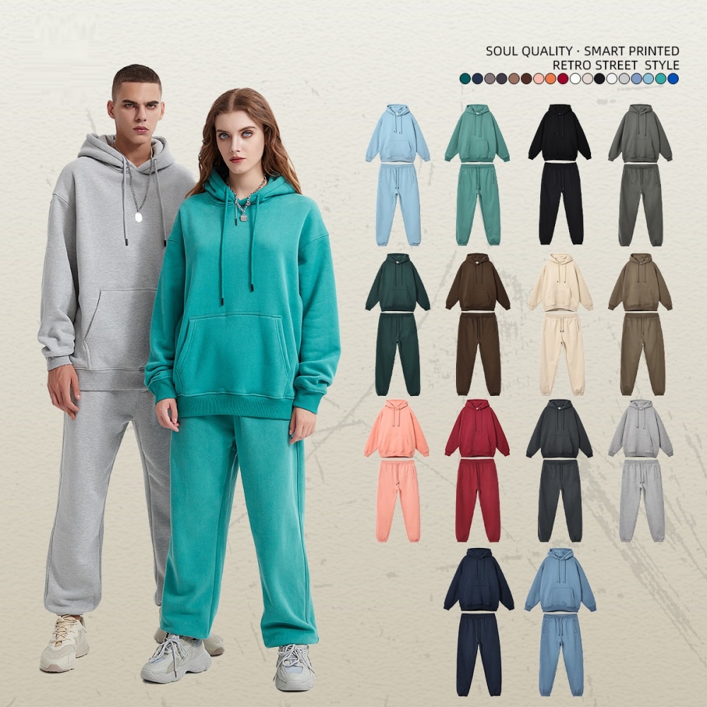 GrogeousBen  Unisex Autumn and winter new 360g flannel solid color hooded sweatshirt set, loose plus velvet Trendy sweatshirt