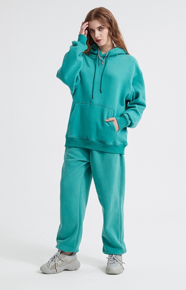 GrogeousBen  Unisex Autumn and winter new 360g flannel solid color hooded sweatshirt set, loose plus velvet Trendy sweatshirt