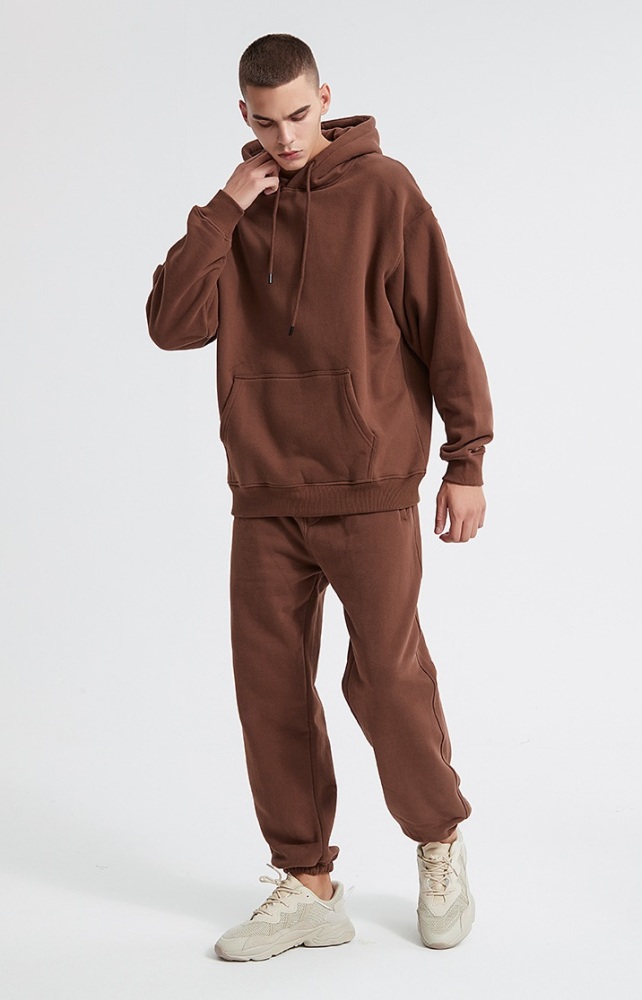 GrogeousBen  Unisex Autumn and winter new 360g flannel solid color hooded sweatshirt set, loose plus velvet Trendy sweatshirt