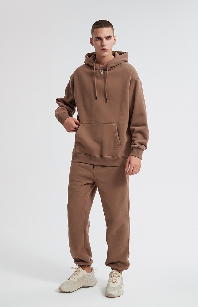 GrogeousBen  Unisex Autumn and winter new 360g flannel solid color hooded sweatshirt set, loose plus velvet Trendy sweatshirt