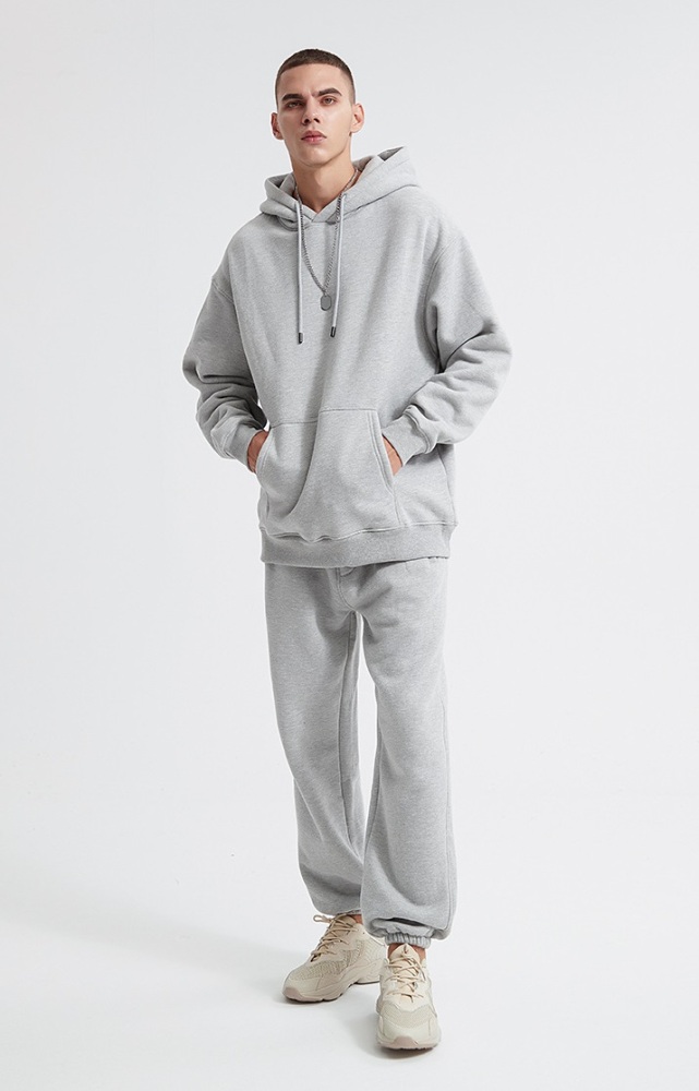 GrogeousBen  Unisex Autumn and winter new 360g flannel solid color hooded sweatshirt set, loose plus velvet Trendy sweatshirt
