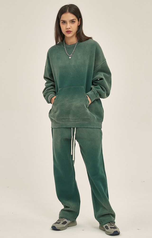 GrogeousBen  Unisex 2023 autumn and winter new 360g spray-dyed distressed round neck washed water  Men's sweatshirt and pants set