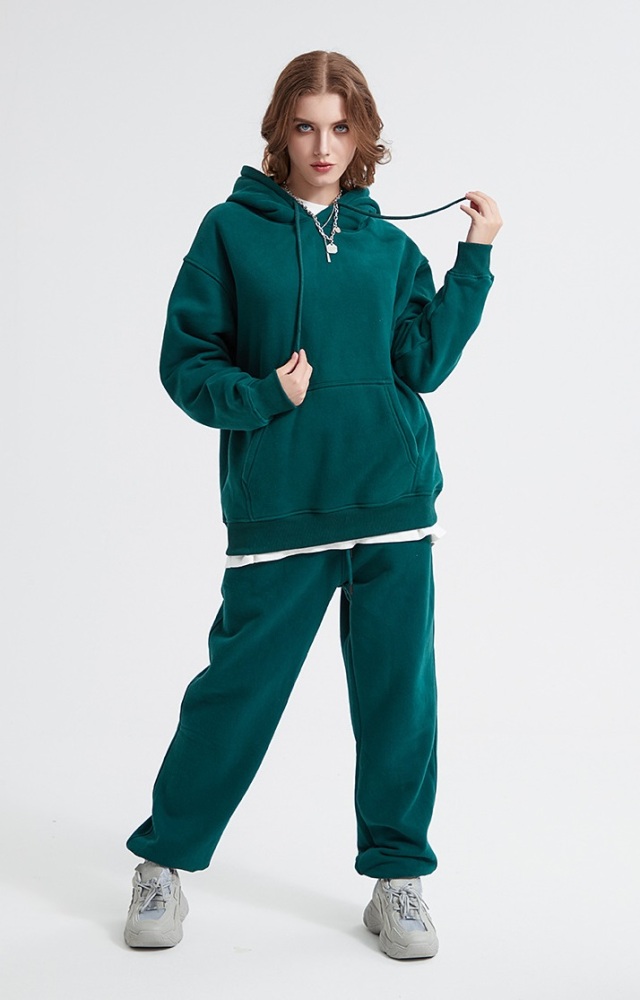 GrogeousBen  Unisex Autumn and winter new 360g flannel solid color hooded sweatshirt set, loose plus velvet Trendy sweatshirt