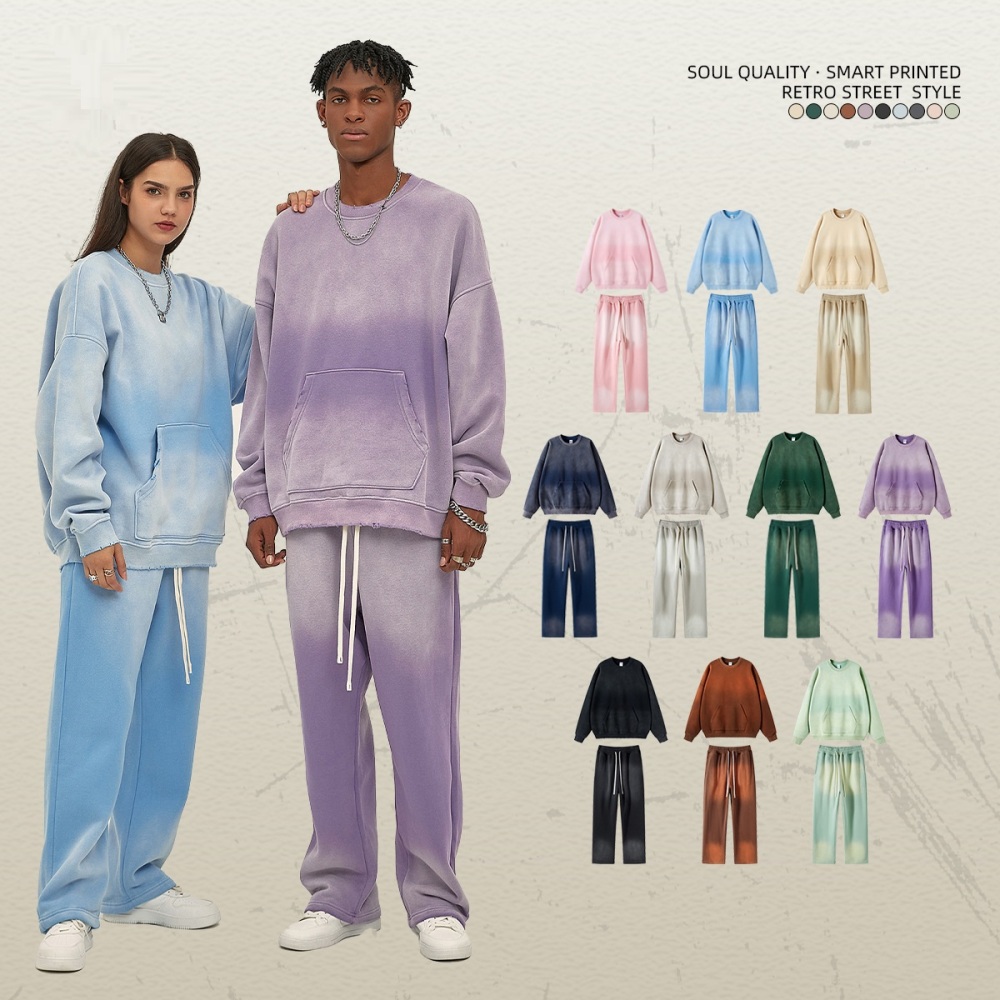 GrogeousBen  Unisex 2023 autumn and winter new 360g spray-dyed distressed round neck washed water  Men's sweatshirt and pants set