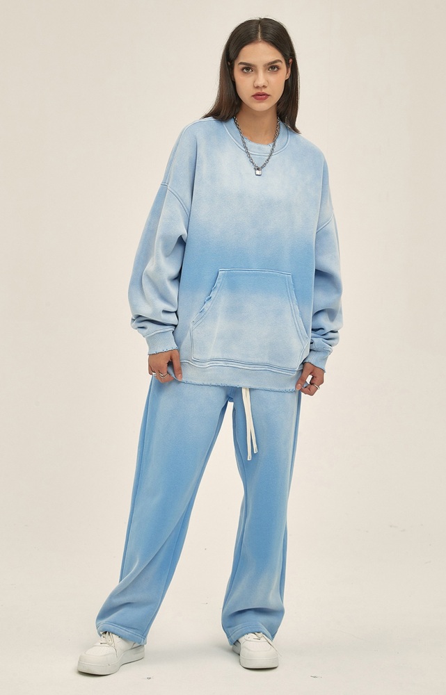 GrogeousBen  Unisex 2023 autumn and winter new 360g spray-dyed distressed round neck washed water  Men's sweatshirt and pants set