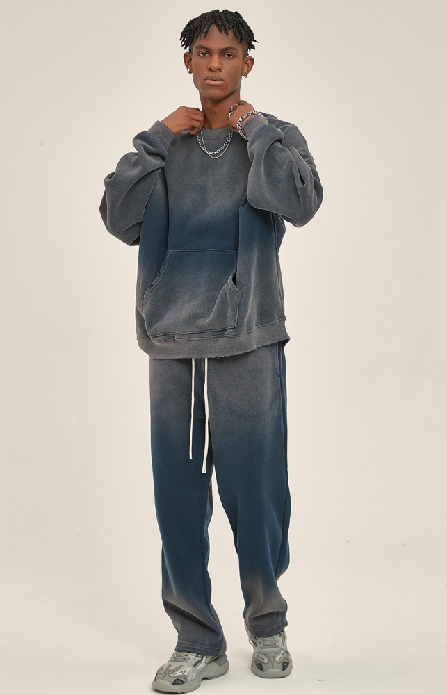 GrogeousBen  Unisex 2023 autumn and winter new 360g spray-dyed distressed round neck washed water  Men's sweatshirt and pants set