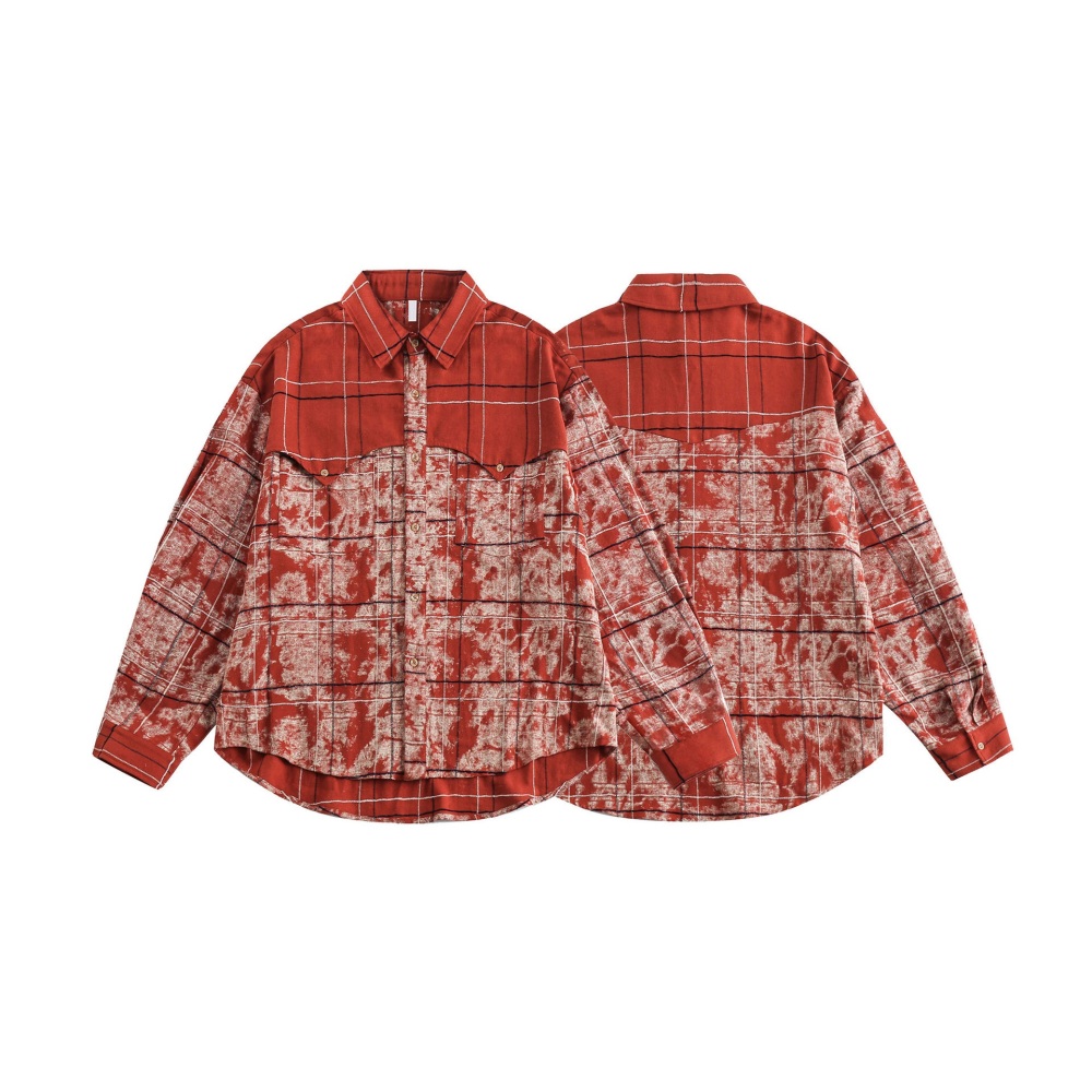 GrogeousBen  Unisex 2024 spring new color-blocked plaid splicing long-sleeved shirt outerwear for men, loose red top.